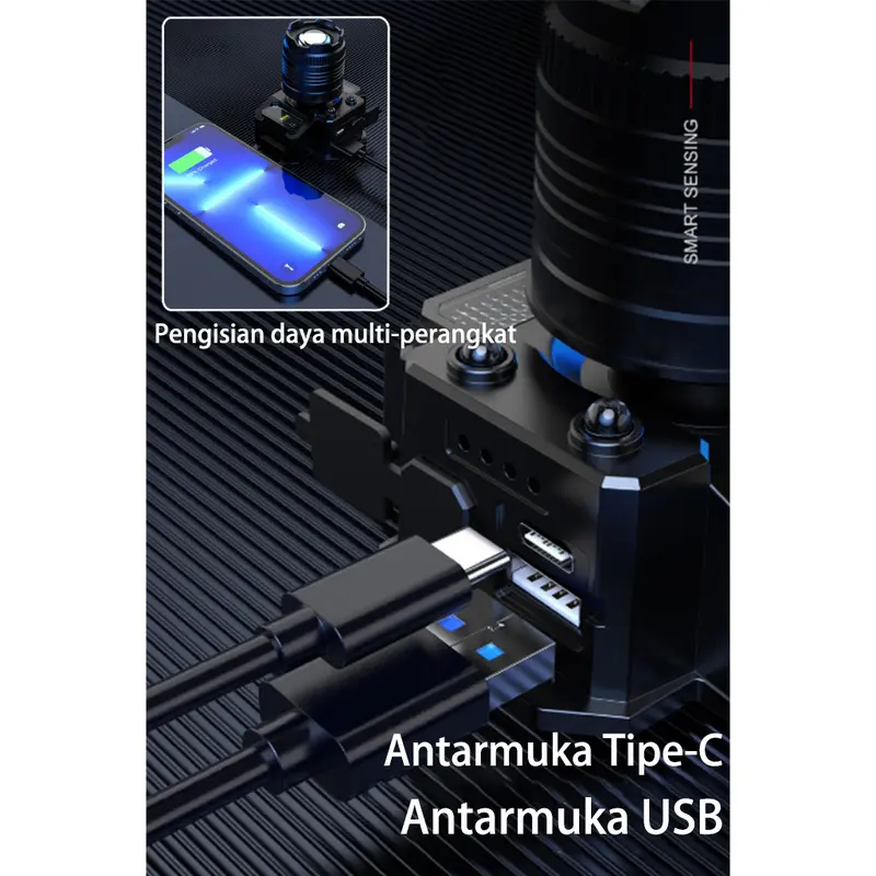 4.COD+pengiriman 24 jam Lampu Kepala LED/Headlamp /SuperTerang 1000000 Lumen/USB Charging Senter/Dengan Sensor Tangan/Sorot Dengan Penyesuaian multi-level/Senter Kepala/Zoom Dan Mode Sensor/Powerbank/Cahaya Terang 7