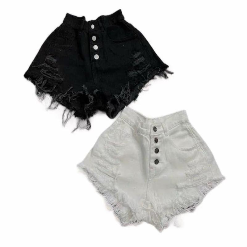   Quần Tết  Quần Short kaki jean có 4 nút gài phối rách và tua rua lai Nữ  Quần đùi lưng cao phối rách phong cách năng động đường phố  Quần sooc nút 2 màu trắng đen rách lai  Có Túi Pants 