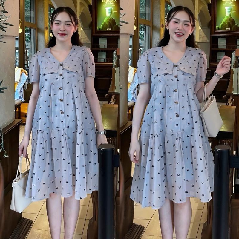  Đầm bầu tơ họa tiết nơ cổ sen viền chỉ nổi xinh xắn tiểu thư nhẹ nhàng duyên dáng xuống phố Nữ Women Dress 