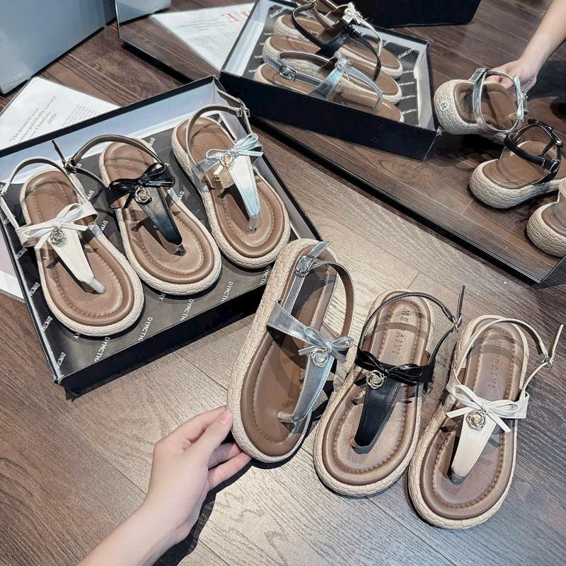 XẢ HÀNG Dép Sandal Cói Đế Cao 3Cm Quai Nơ Nhí Tag Hoa Trà Cao Cấp.