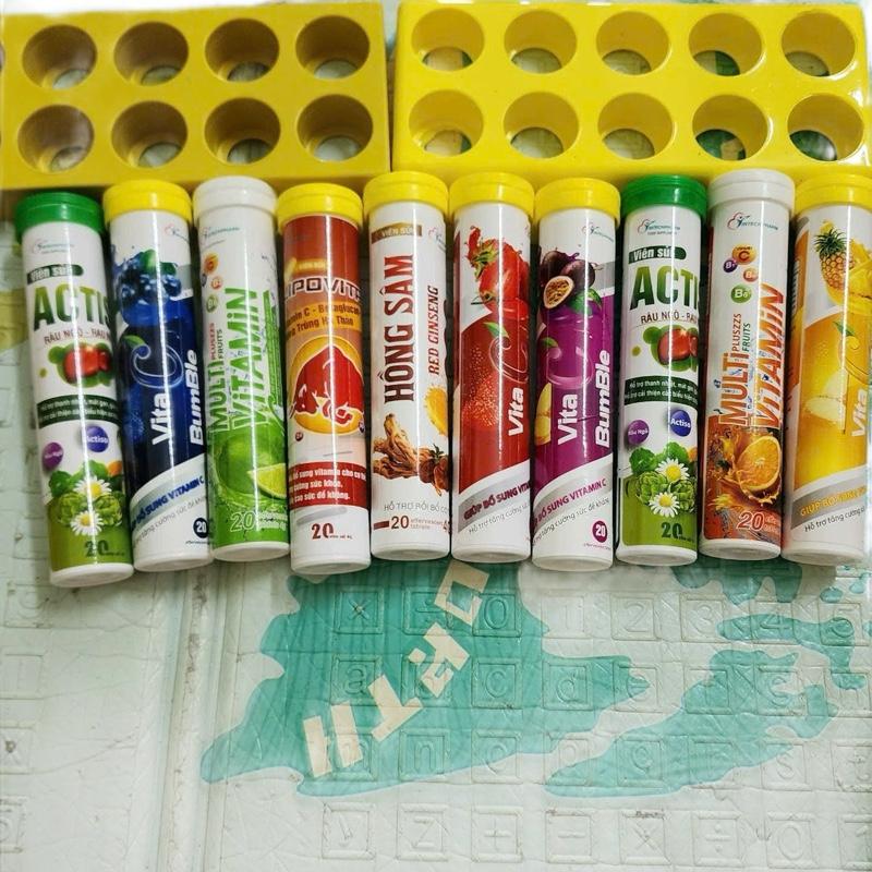 Combo 10 tuýp viên sủi giúp bổ sung vitamin C có nhiều vị cam,dâu,dứa,chanh leo, việt quất,Actiso,bò,Hồng sâm,chanh ta.