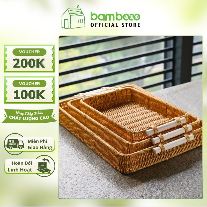 Khay nhựa giả mây BAMBOOO ECO vintage hình chữ nhật đựng hoa quả decor chụp ảnh Rổ