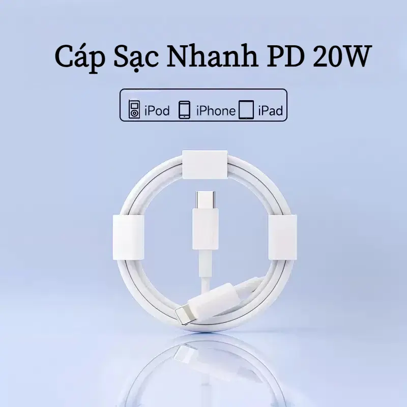 Cáp sạc (Dây Trơn ), Cáp sạc 20W (Loại C đến I0S), Dành cho Dòng IP, Từ 6 đến 14PRM