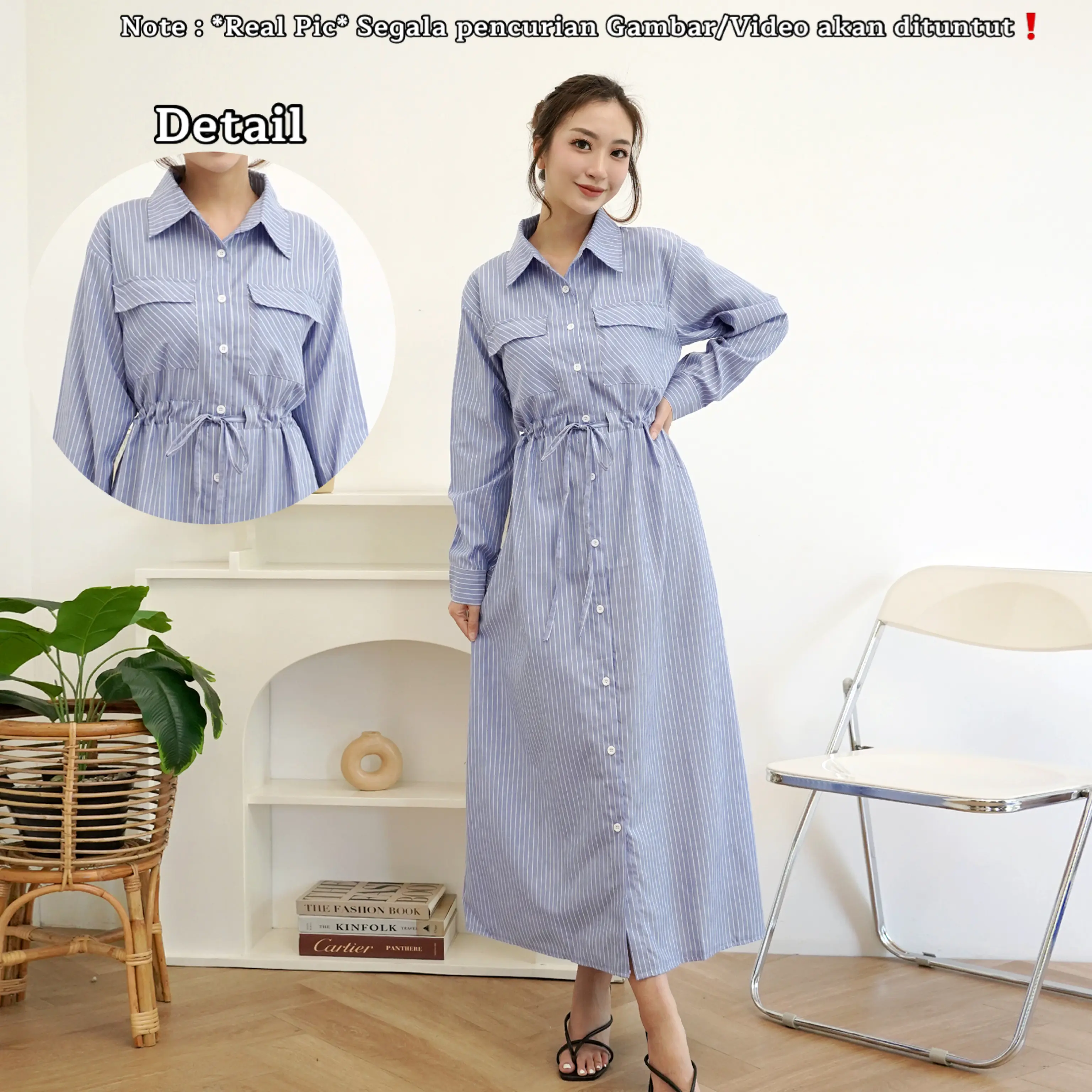 RED Chelsea Dress 731/Dress Stripe Wanita/Dress A-Line kekinian/Terusan Casual Wanita/Gaun Katun pinggang Serut Kancing aktif