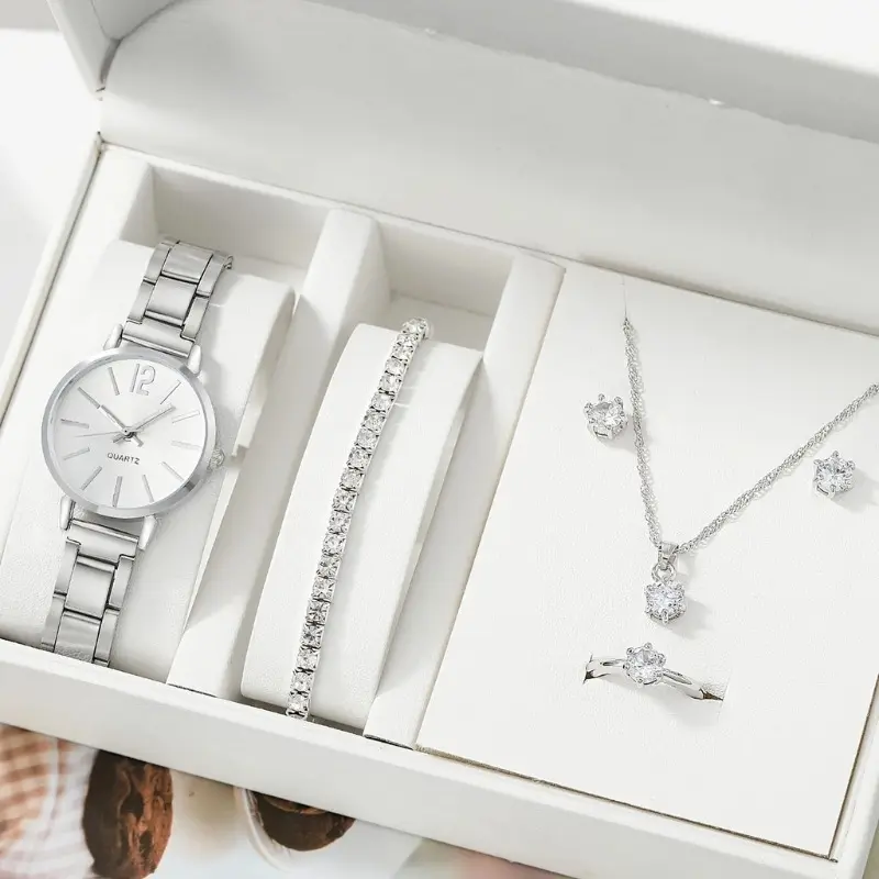 Jam Tangan Wanita, Set 5PCS, Dail S, Jam Tangan Kuarza, Tali Keluli Tahan Karat, Sesuai untuk Wanita, Jam