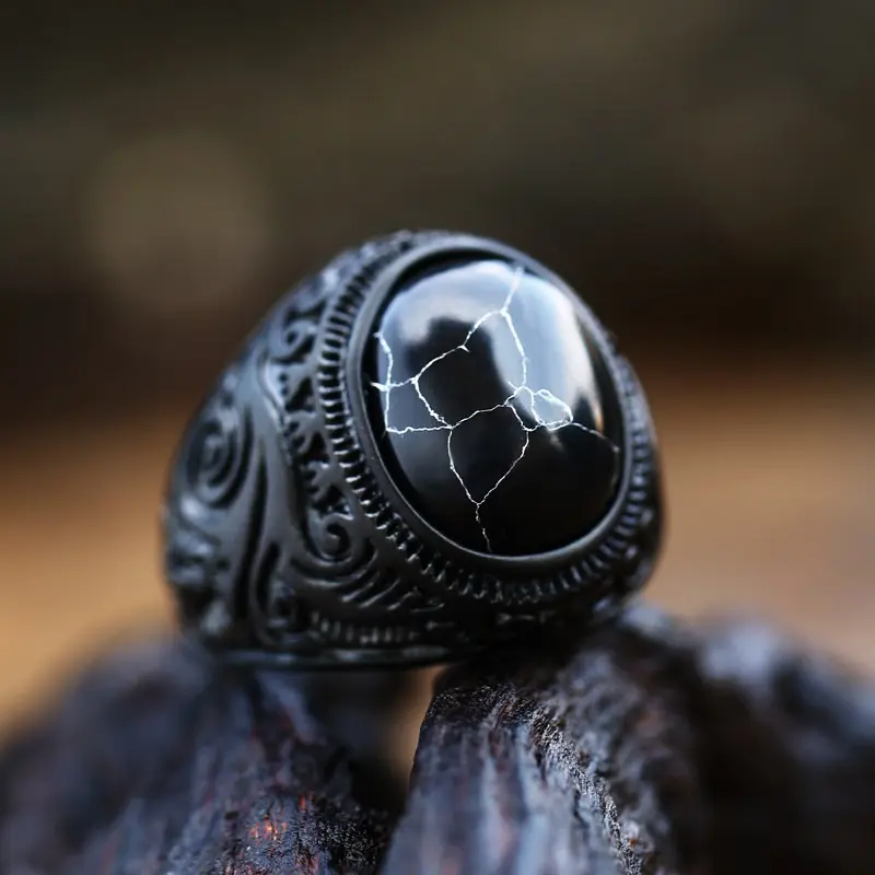 Vintage Buatan Hitam Pirus Hitam Mata Harimau Pirus Putih Cincin Pria Cincin Pria Fashion Pribadi Batu Bunga Hitam Ular Totem Punk Cincin Unisex