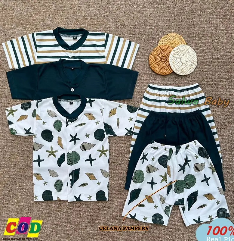 Paket Hemat 3 Setelan Pendek S M L XL | Usia 0-18 Bulan Anak Laki-laki Perempuan Motif Emerald - Almeera Baby and Kids