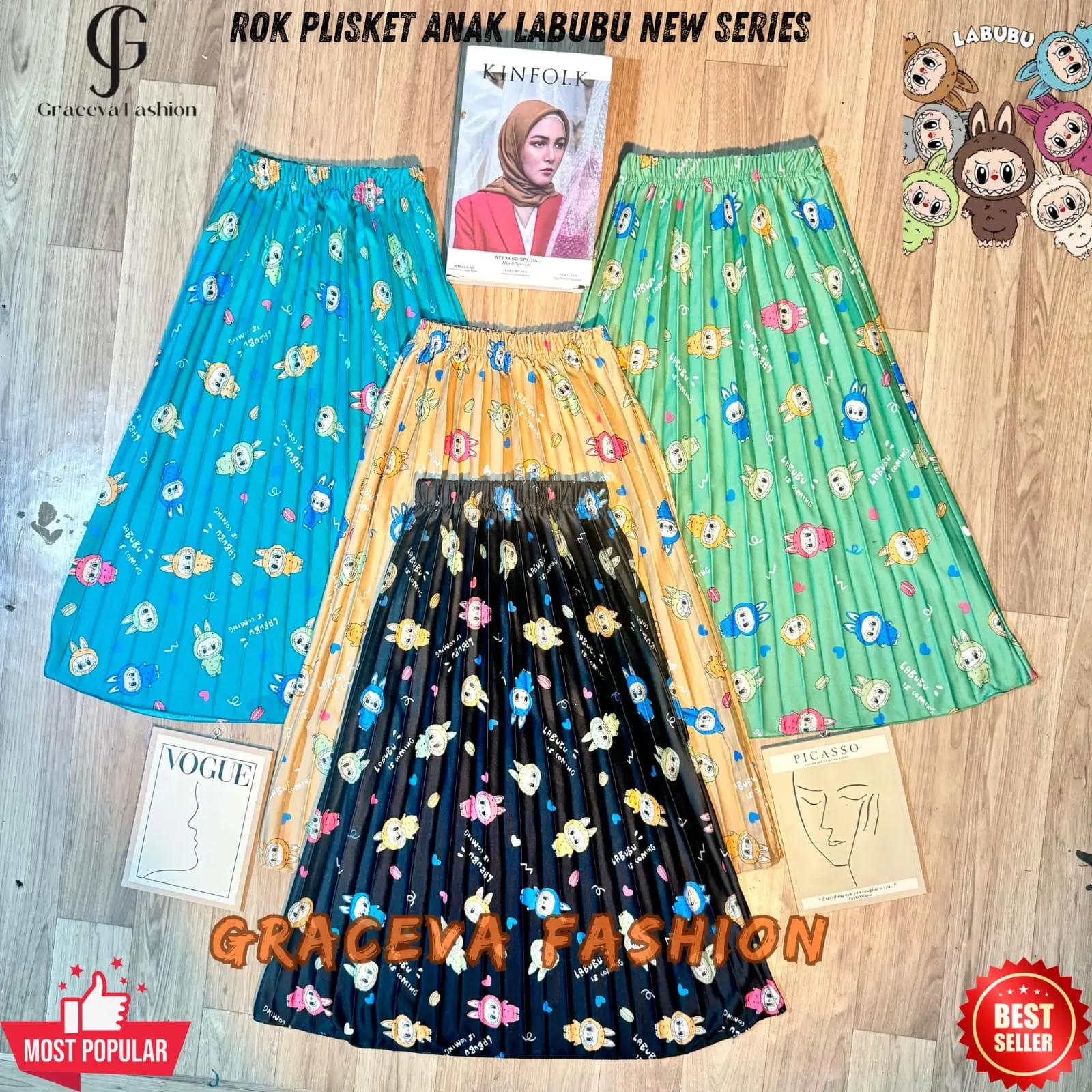 Rok Plisket Anak Motif Labubu New Series Premium - Pleated Korean Skirt 4-10 Years - Rok Anak Perempuan Terbaru Kekinian