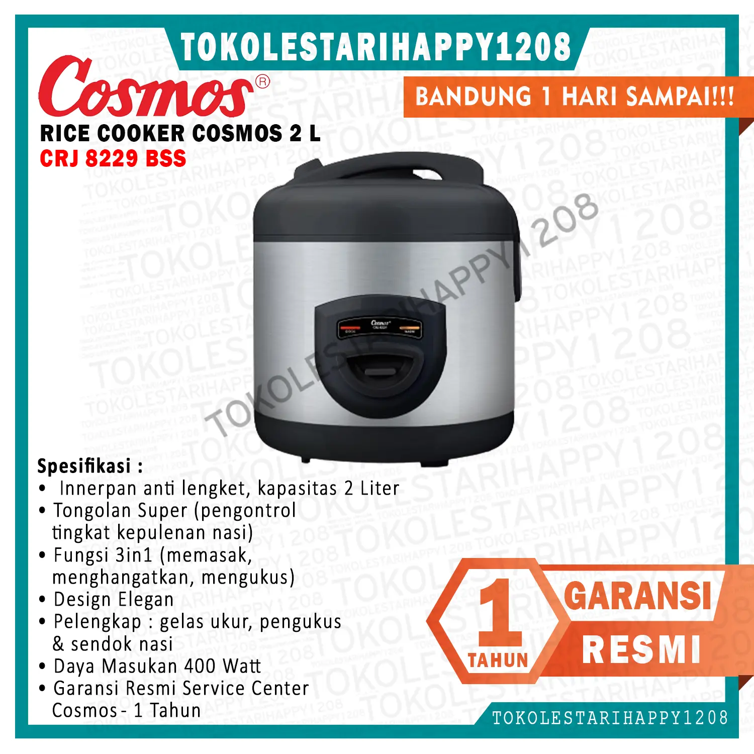 Rice Cooker Cosmos 2 Liter Anti Lengket CRJ-8229 Garansi Resmi