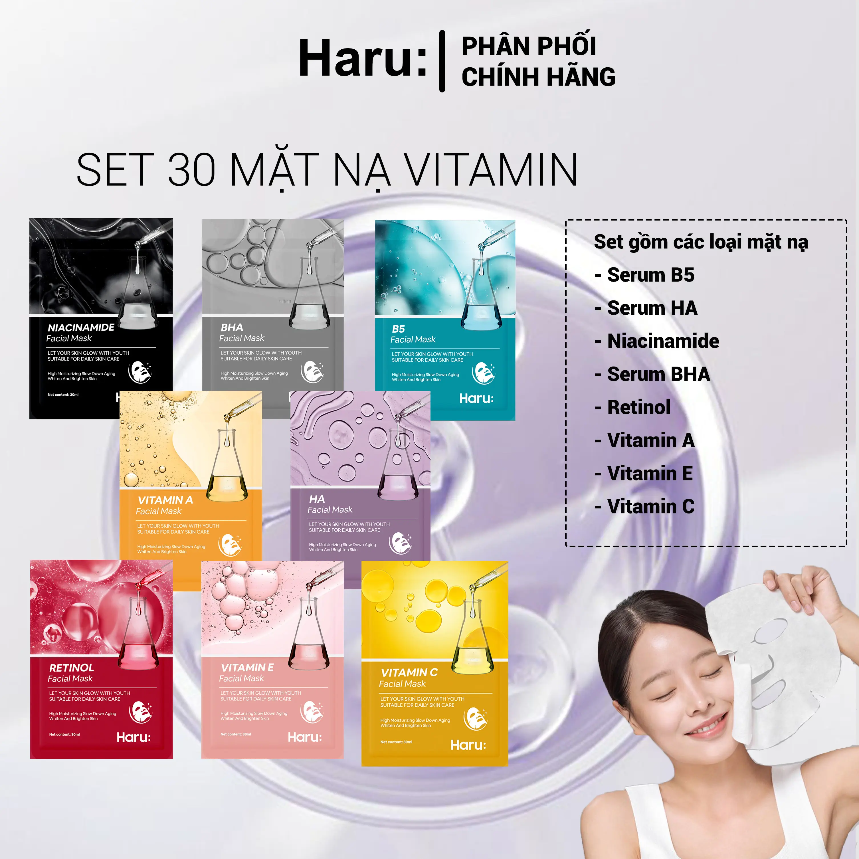 Set 30 Mặt Nạ Haru B5 3%, BHA 2%, Niacinamide, Re. tinol,  Vi. tamin C, E, A hỗ trợ dưỡng ẩm và cấp nước. (30ml)