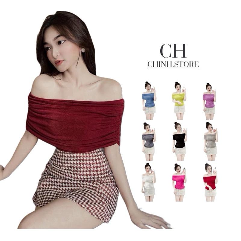 A40 - (XÃ KHO HÀNG GIẢM 80%)  Áo thun nhũ Trễ vai Nữ ngắn tay nhún eo 2 bên Top Women