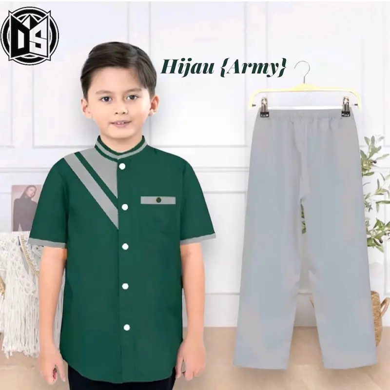 Baju koko Havis anak 1-12 tahun-koko anak laki-laki-koko zain anak-koko fahri-koko lis-koko batik Setelan Muslim Celana Panjang Kerah Abu Hijau Maroon 2