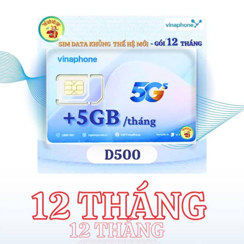   Data 1 năm  Gói D500- 5gb Tháng - Miễn phí 12 Tháng Sử Dụng – Sim Data 4G 5G D500 vinaphone 