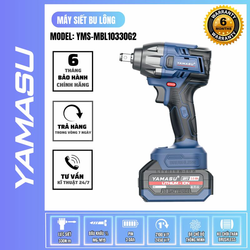  Máy Siết Bu Lông Pin 21V Lực Siết 330N.m 2 Chế Độ 2 Cấp Độ Tốc Độ 2450 v p YAMASU YMS-MBL10330G2 
