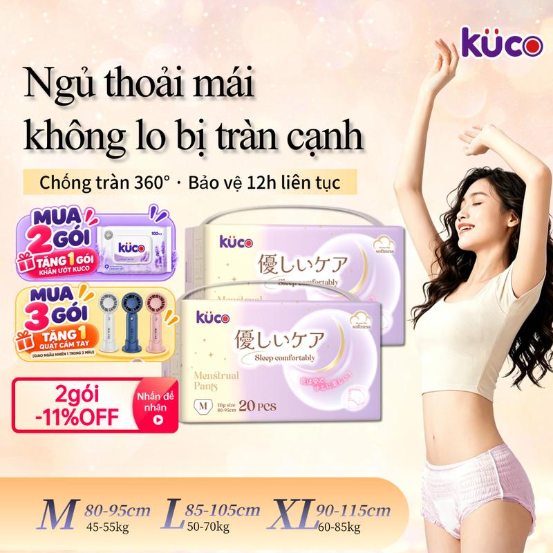 【nâng cấp】Băng vệ sinh dạng quần KUCO (20 miếng) – Size M / L / XL (phù hợp cả người bigsize) – Chống tràn 360 độ, êm mượt, ôm vừa vặn, giữ form tốt, thấm hút tức thì – Dùng cho mẹ sau sinh & ngày lượng nhiều – Thoáng khô suốt ngày và đêm