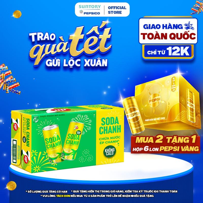   TẶNG PEPSI LON VÀNG  Thùng 24 Lon Nước Ngọt Giải Khát  Có Gaz 7UP Soda Chanh Không Calo Không Đường  320ml lon  