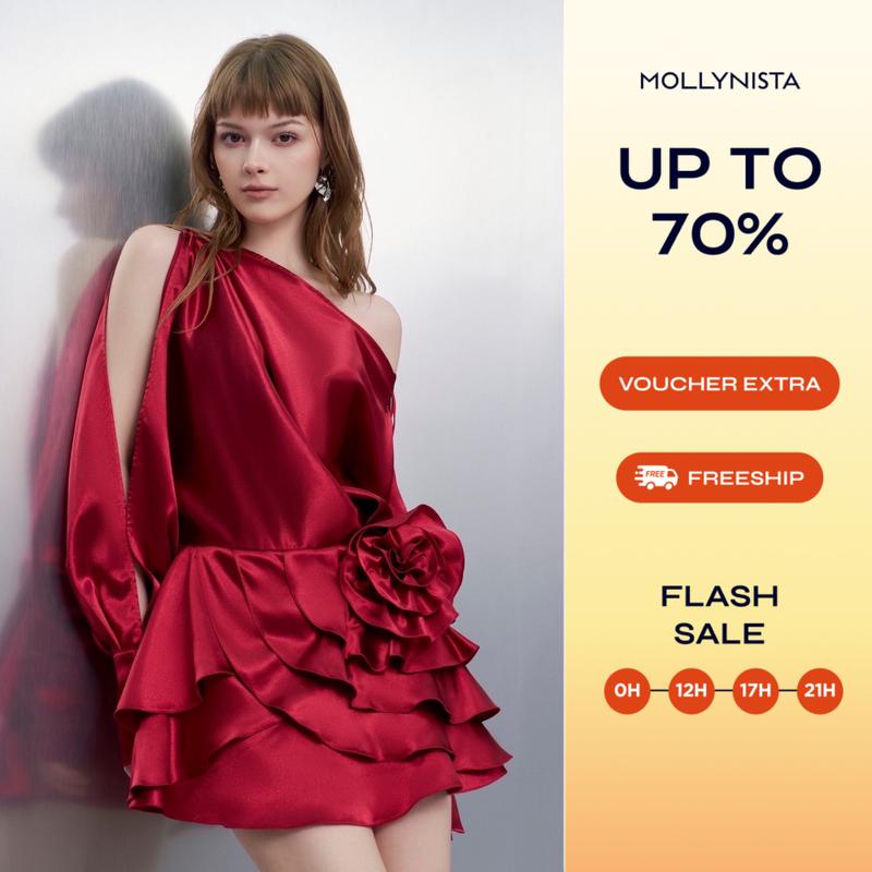 Đầm lụa đỏ thiết kế trễ eo xẻ tay MOLLYNISTA quyến rũ thanh lịch nữ tính cao cấp tôn dáng