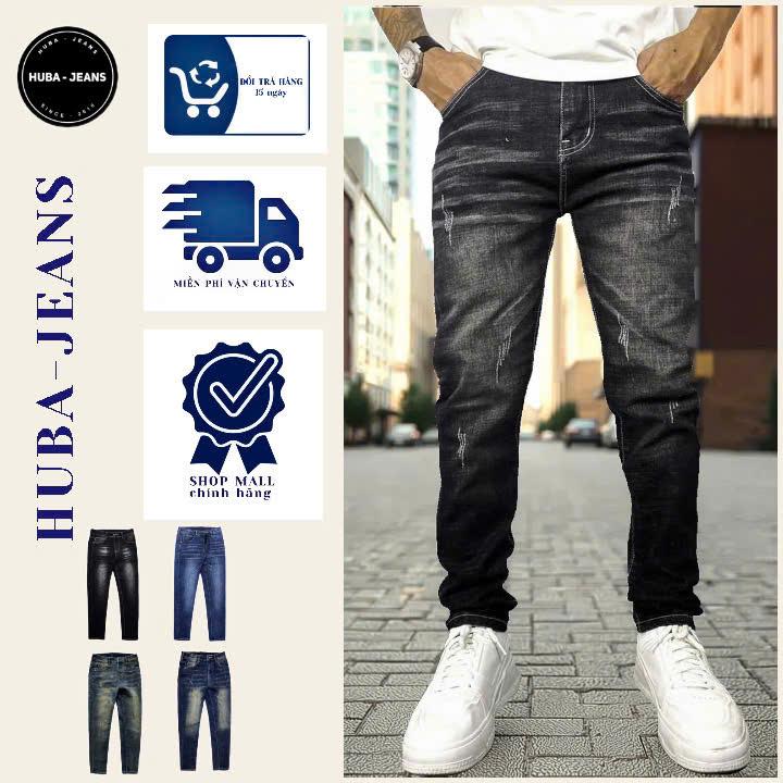 Quần jean nam HUBA-JEANS dài XÁM wash CÀO XƯỚC chất vải jean dày dặn cao cấp Menswear Pants Có Túi Denim