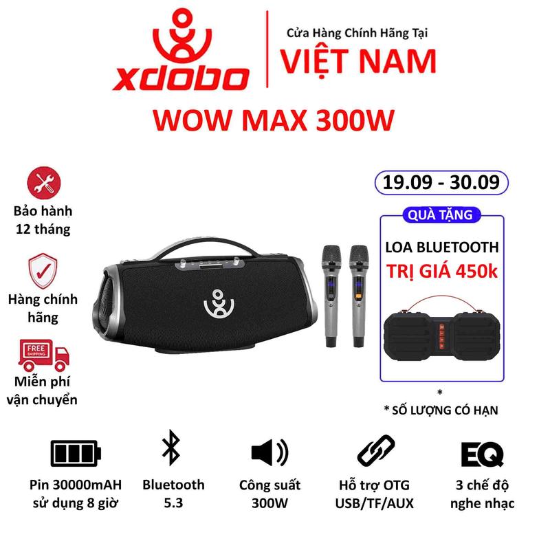 Loa Bluetooth Xdobo Wow Max Công Suất Max 300W, Loa siêu trầm Bluetooth 5.3 có micro không dây hát Karaoke, Loa di động hỗ trợ USB/ Cổng OTG/ Jack 3.5 và 6.5mm - Chính hãng bảo hành 12 tháng Củ Loa Nghe Nhạc