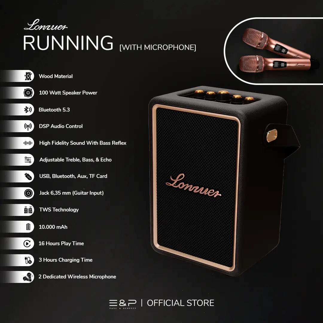 Lonzuer RUNNING by Easy & Perfect | Bluetooth Speaker Portable With DSP Audio Control | 100 Watt Output Power With Adjustable Treble And Bass | High Fidelity Sound With Bass Reflex | Comes With a 2 Premium Wireless Microphone