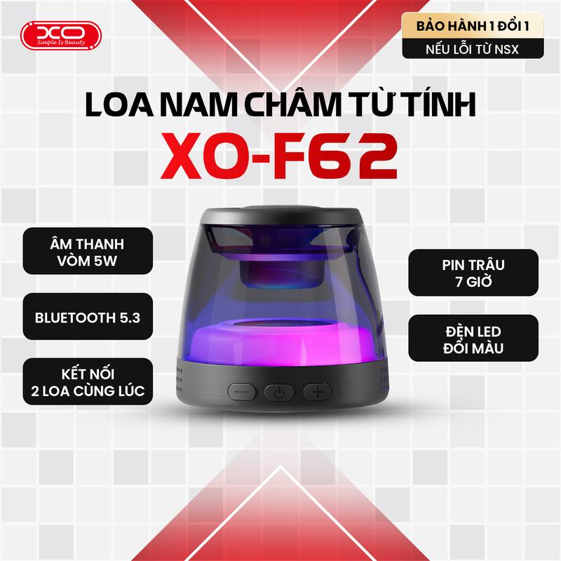 [XO] Loa Bluetooth Mini F62 - Có đèn LED RGB, hiệu ứng âm thanh vòm 3D,tích hợp nam châm hít lên kệ tủ, máy tính, làm giá đỡ điện thoại, kết nối 2 loa cùng lúc, , Bluetooth 5.3, thời lượng pin 7 giờ, tặng kèm cáp sạc Type-C và dây treo