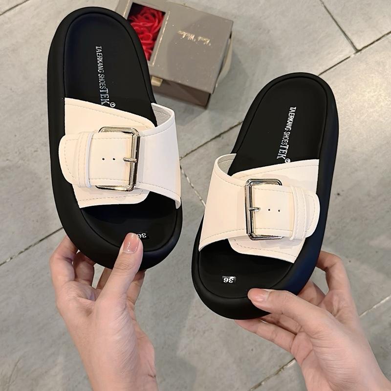 Dép Nữ A33 bản ngang to có khóa cài mũi tròn màu trắng đen bạc nâu 3cm và 5cm da lì mềm êm may sẵn quai