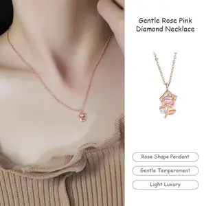【BATIKETS】Rose Pink Diamond Necklace Sweet Gentle Style Clavicle Chain Light Luxury Niche Necklace Women