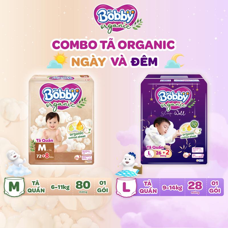 [COMBO ORGANIC] Tã/Bỉm quần Bobby Organic Ngày và Đêm chăm sóc dịu nhẹ size M/L/XL/XXL/XXXL cho bé từ 6kg-35kg [CỘNG MIẾNG NGẪU NHIÊN]