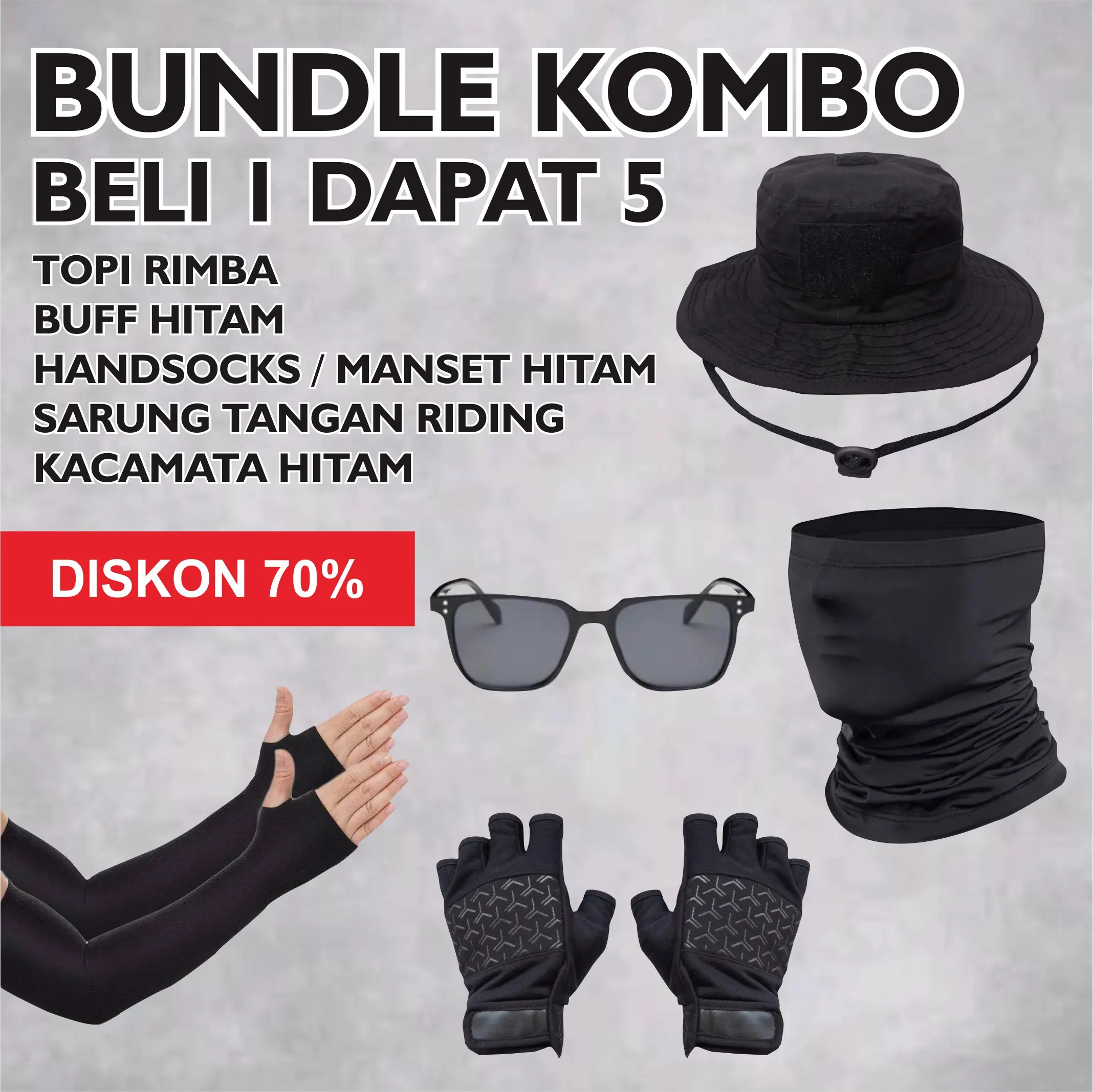 [BUNDLE KOMBO] BELI 1 DAPAT 5 TOPI RIMBA BUFF HITAM MANSET HITAM KACAMATA HITAM SARUNG TANGAN HITAM PRIA WANITA ELEGAN Syal