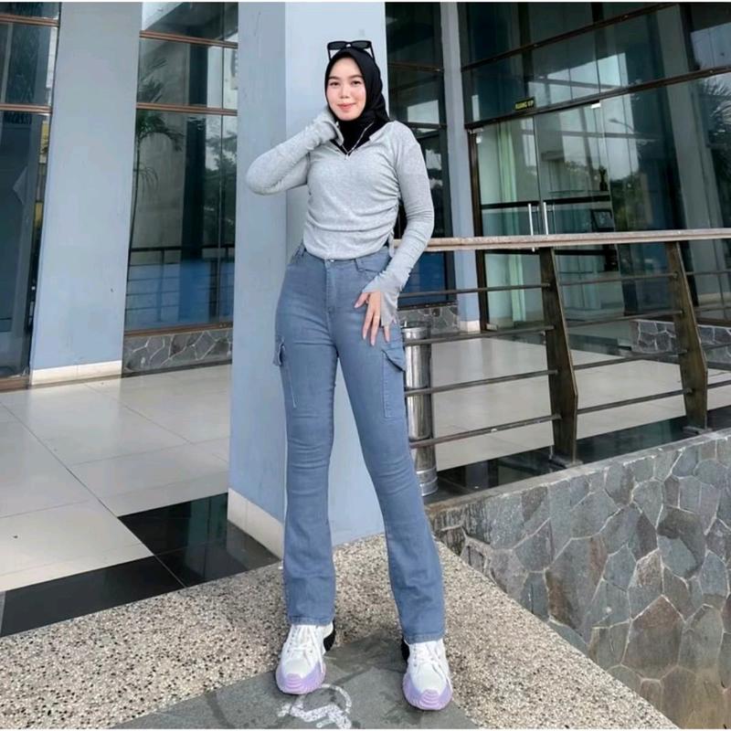 Celana Cargo Cutbray Stretch Highwaist Jeans Big Size Jumbo Wanita Melar 27 - 34 Panjang Korean regular 1