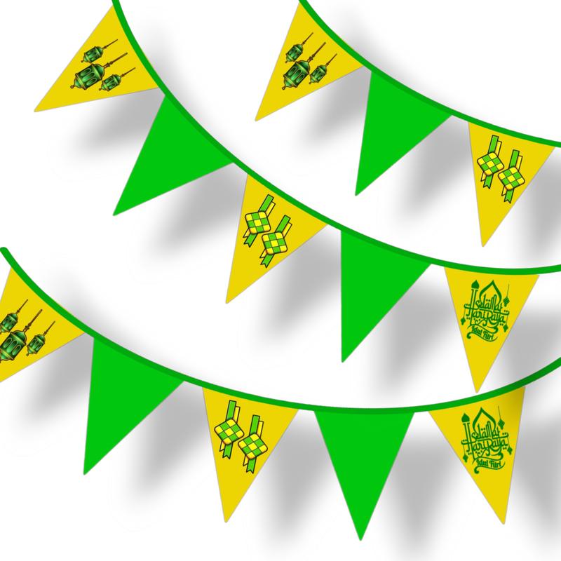Product Introduction of Bendera Ramadhan Idul Fitri Segitiga Model Gantung Warna warni Hijau Kuning Panjang 5 meter 5