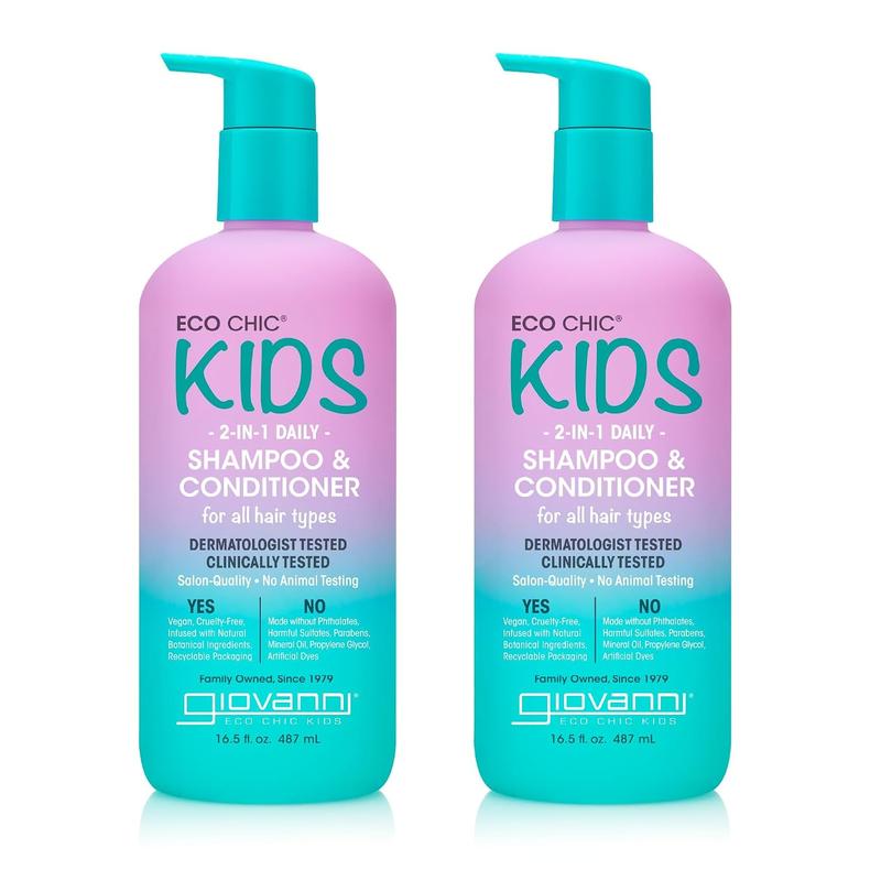 GIOVANNI Eco Chic Kids dầu gội & dầu xả 2 trong 1, 6,5 fl oz (bộ 2 | Dành cho mọi loại tóc, chất lượng như salon, nhẹ và dưỡng ẩm, công thức dịu nhẹ, thuần chay)