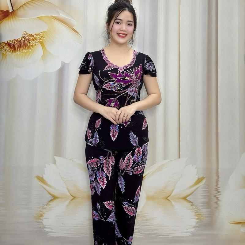 B24 Đồ bộ thun nữ trung niên Áo hoạ tiết chiếc lá thêu phối lộng, tay cánh tiên thương hiệu Hải Sơn Women