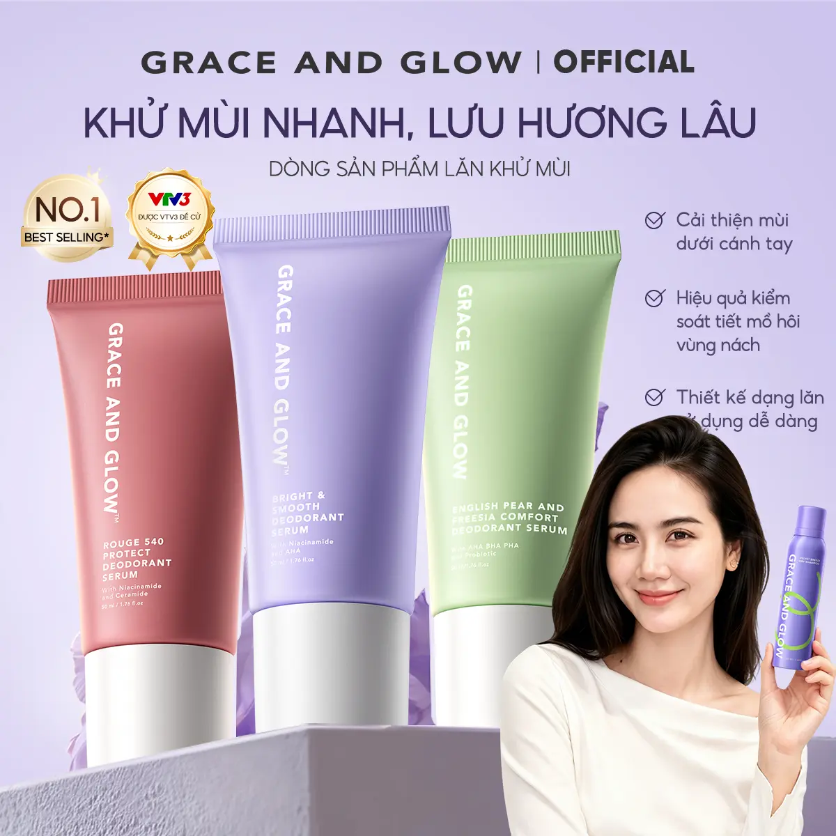 Lăn khử mùi Sáng Da Grace and Glow 50ml Black Opium / English Pear / AHA BHA Serum Lăn Nách Sáng Da Ngăn Mồ Hôi