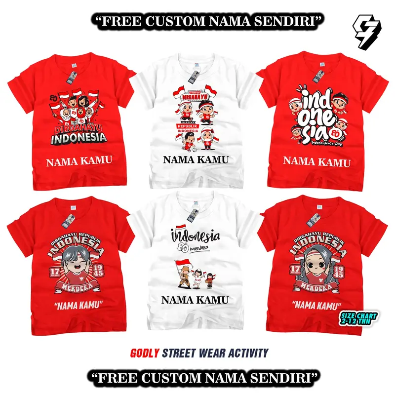 Baju Atasan Kaos Anak 17 Agustus Kemerdekaan INDONESIA Cod Bayar Ditempat Usia 1-12 Tahun FREE CUSTOM NAMA Bahan Katun Premium 0