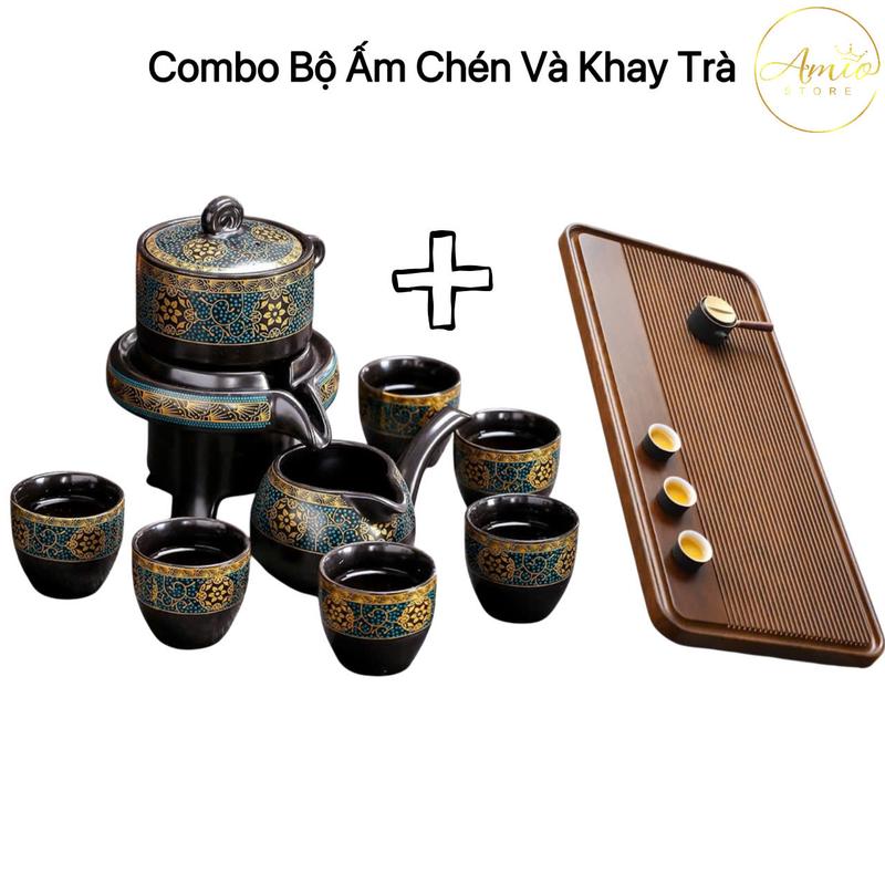 Combo Bộ Ấm Chén Pha Trà Cối Xay Và Khay Trà, Bộ Ấm Chén Uống Trà Phòng Khách Sang Trọng