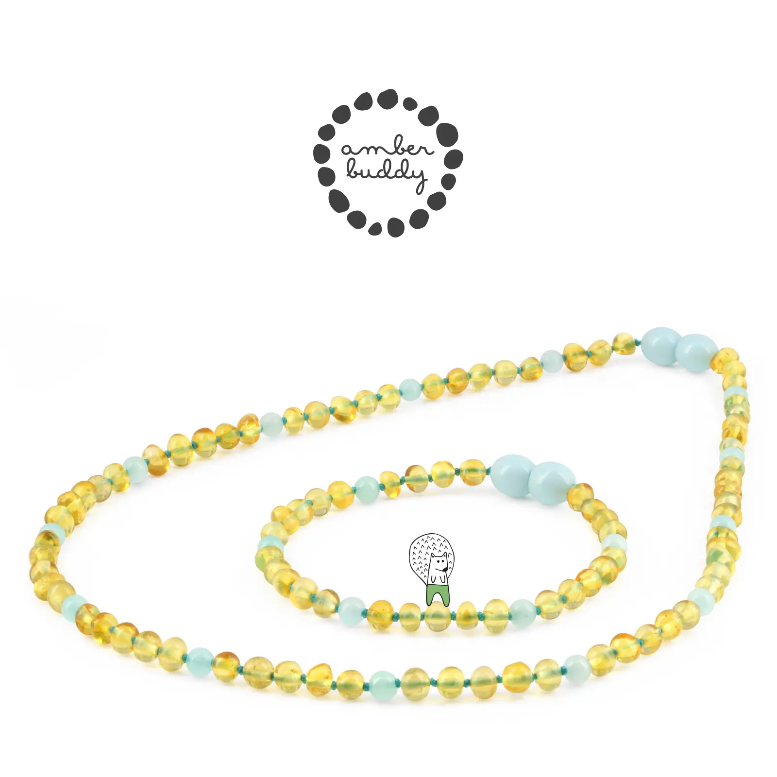 Amber Buddy | BLE257 Kalung dan Gelang Dewasa Amber Kombinasi Sky Blue Jade. 42cm & 18cm