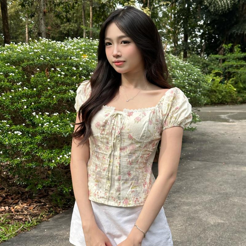  Áo Babydoll Nữ Vải Thô Linen Kiểu Tay Phồng Phối Nơ Ngực Tiểu Thư Mùa Hè Kimee Ma380 