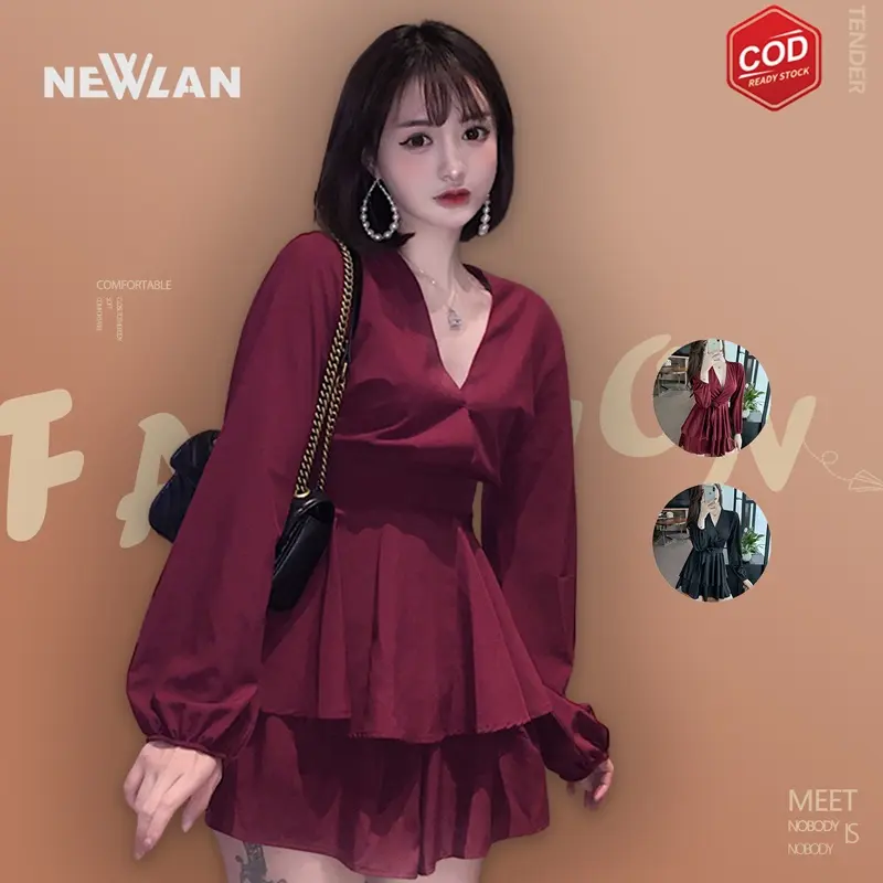 Newlan LK003 Casual Dress Wanita Gaya Korea Lengan Panjang Warna Hitam dan Merah Mini Dress Scuba Sella