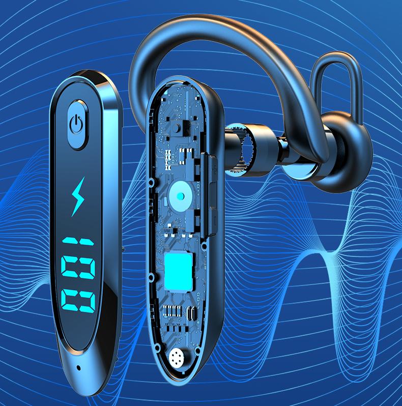 Headset Telinga Tunggal dengan Mikrofon Bluetooth 6.0 Earphone Peredam Kebisingan Speaker Mini Tahan Air Tampilan LED Bebas Genggam Waktu Siaga Panjang