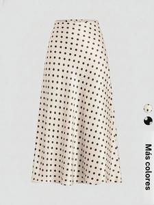 Falda midi para mujer con estampado de lunares, cintura alta, corte en línea A, bajo acampanado, tejido plano y entrelazado suave; ideal para diario, trabajo, citas, fiestas y vacaciones; estilo retro francés elegante y chic.
