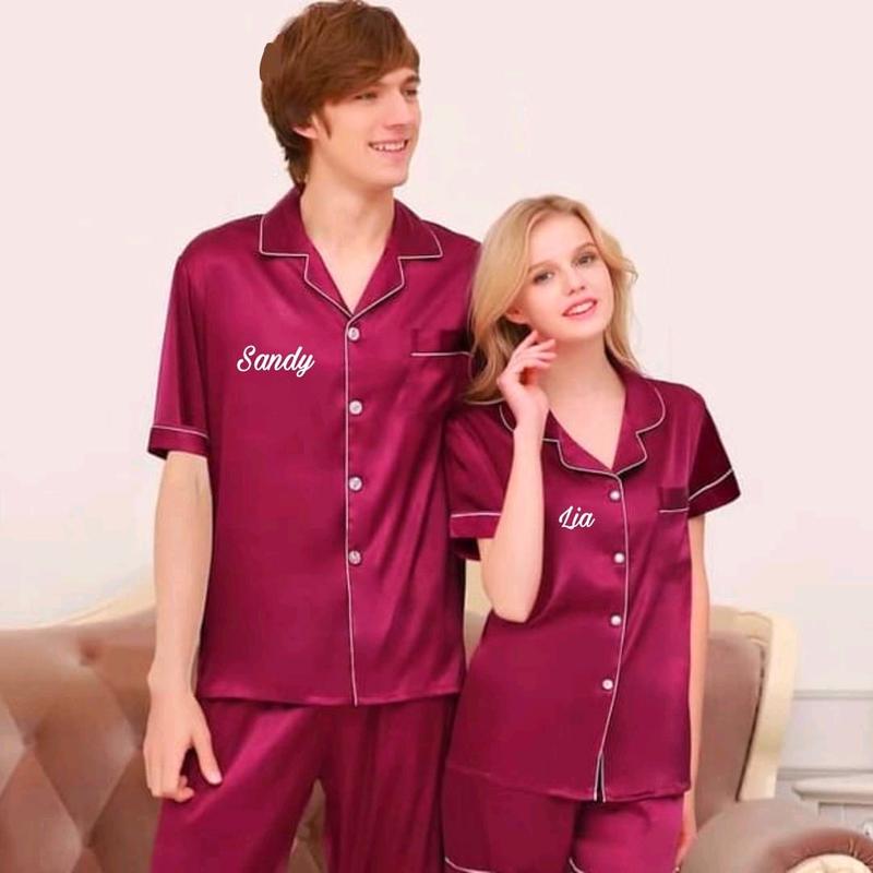 Piyama pajamas baju tidur couple pria wanita custom bordir nama hadiah kado gift nikahan wedding pernikahan prewedding / untuk seserahan murah unik lucu navy hitam merah maroon cewek cowok 8