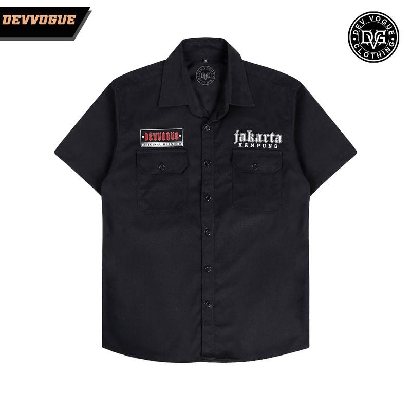 DEVVOGUE Kemeja Workshirt KAMPUNG JAKARTA / Work shirt Band Distro Hitam 1
