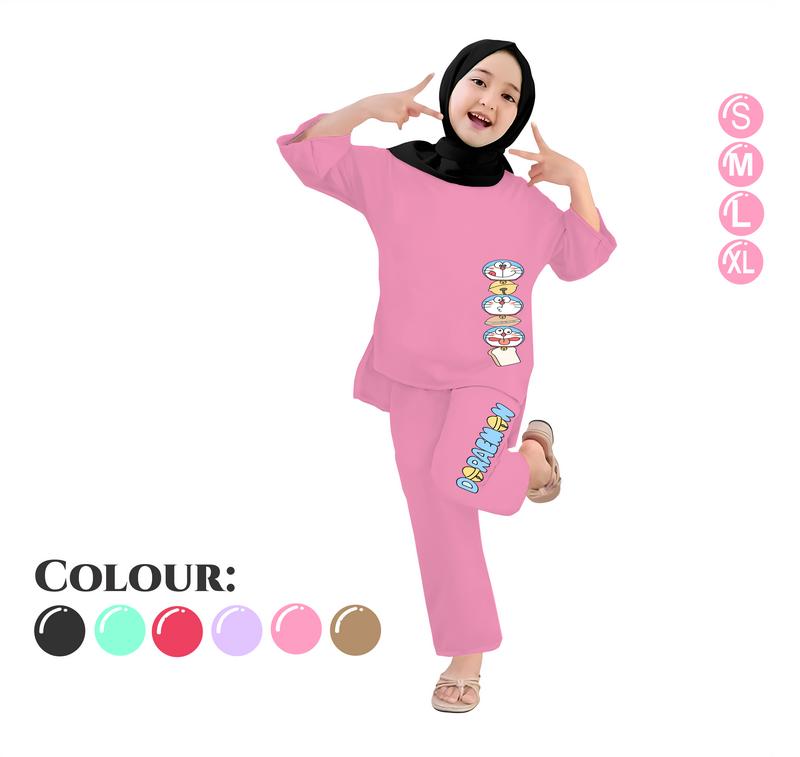 Baju Setelan Anak Perempuan - Pakaian Kaos dan Celana Panjang Anak Cewek Fashion Motif Belah Usia 4-13 Tahun - DORAEMON HEAD 3