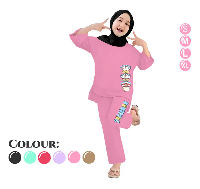 Baju Setelan Anak Perempuan - Pakaian Kaos dan Celana Panjang Anak Cewek Fashion Motif Belah Usia 4-13 Tahun - DORAEMON HEAD 3