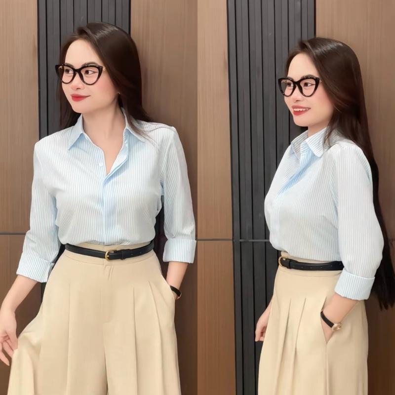  Áo Sơ Mi Kẻ Nữ Dài Tay Chất Liệu Lụa Kate Thoáng Mát Phong Cánh Công Sở 