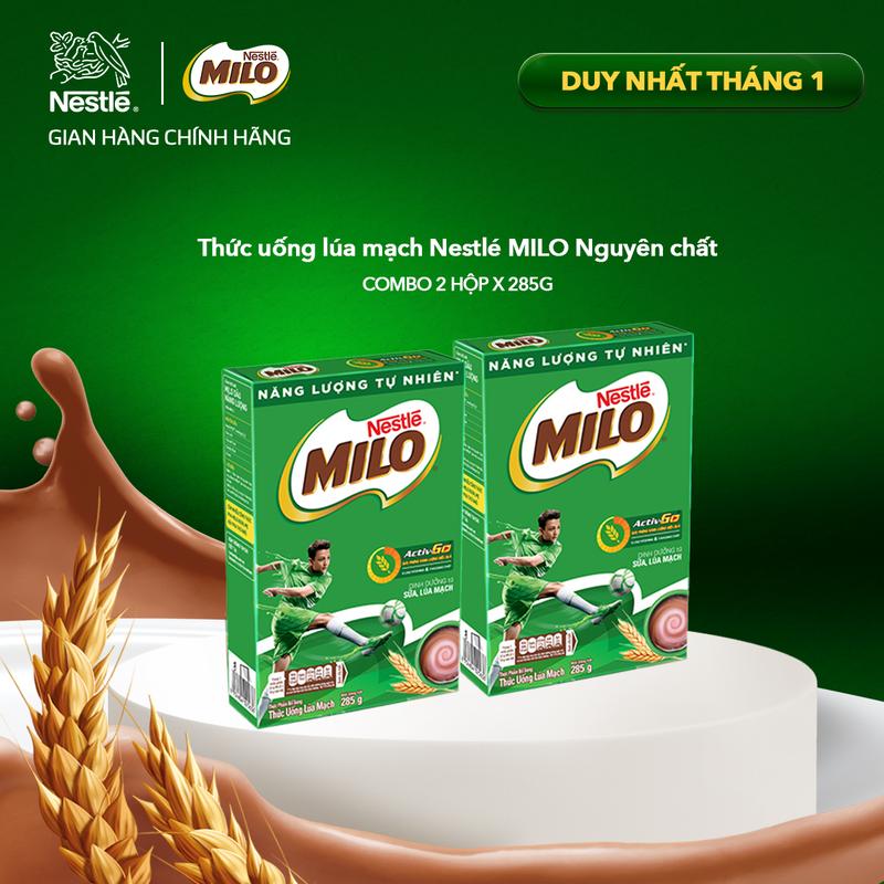 Bao bì ngẫu nhiên Nestlé VN Combo 2 Thức uống lúa mạch Nestlé MILO Nguyên chất 285g hộp giấy