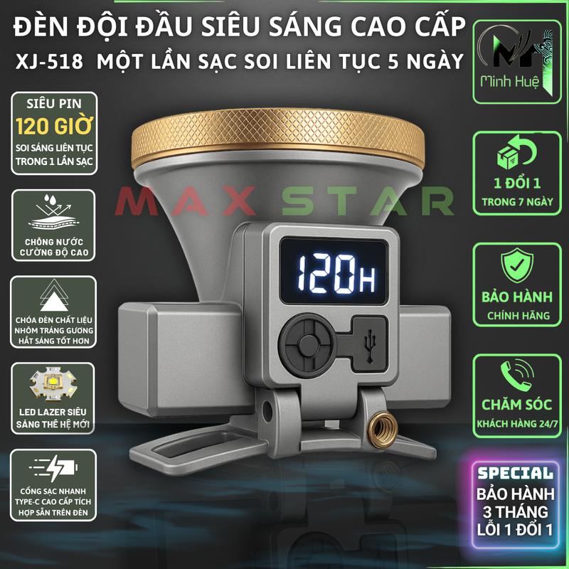 Đèn pin đội đầu XJ518 siêu sáng chất lượng cao chống nước thời gian soi sáng lên tới 120 giờ tối đa cho mỗi lần sạc Sử dụng chân cáp sạc TYPE-C cao cấp tích đè n