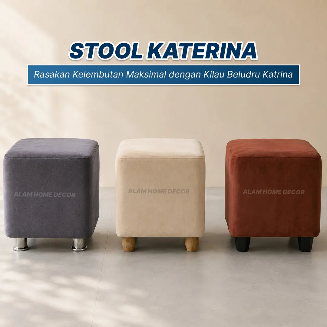 Stool Kotak Kain Katerina Beludru Premium Dudukan Serbaguna Kaki Stainless Modern Puff Sofa Stool Minimalis Ruang Tamu Kamar Hotel Cafe Bench Mini Ottoman Empuk Kokoh Estetik