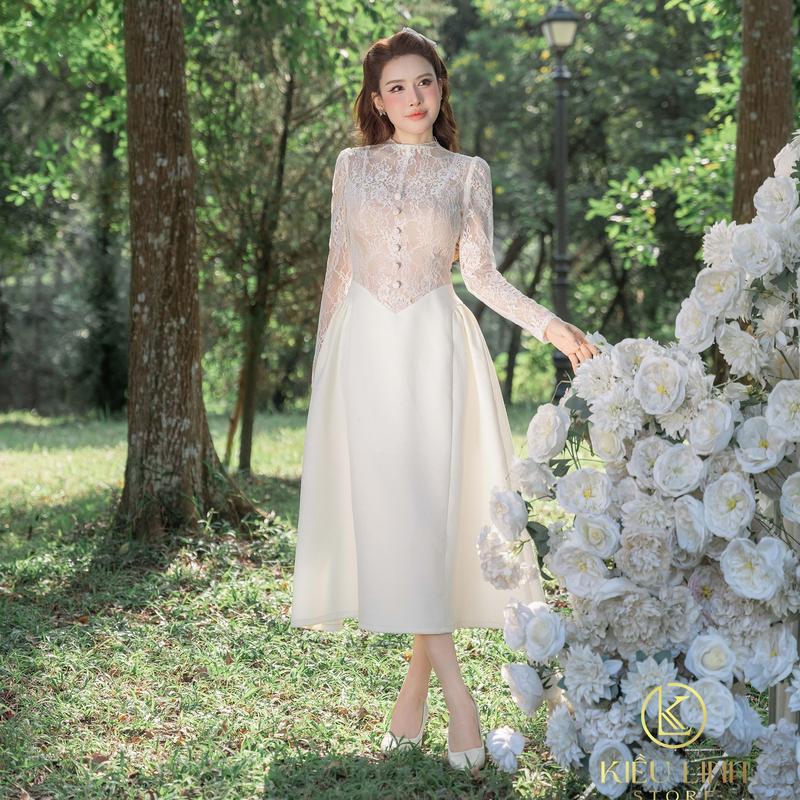   Kiều Linh -Váy Dự Tiệc Thiết Kế Dáng Dài KL820 chất liệu Ren Thêu Hoa phối Chân Váy Dạ Kẻ Ô Vân Đá 2 Lóp Lót Giấu Đường May Kĩ 